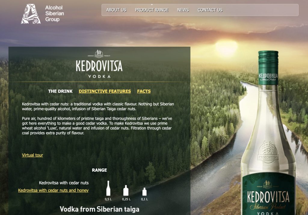 Kedrovitsa vodka product page