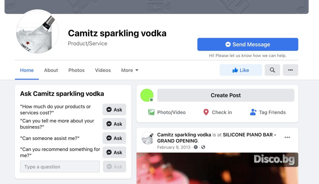 Camitz Sparkling vodka Facebook page