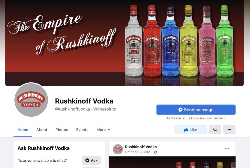 Rushkinoff vodka Facebook page