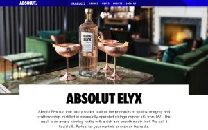 Absolut Elyx vodka product page on Absolut website