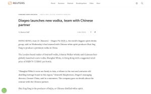 Reuters news about Shanghai White vodka